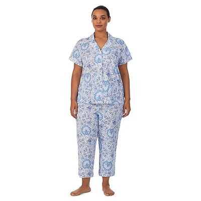 Plus 2-Piece Floral Wreath-Print Cropped Pyjama Set