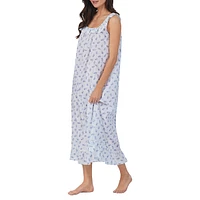 Floral Swiss Dot-Print Sleeveless Midi Nightgown