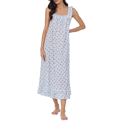 Floral Swiss Dot-Print Sleeveless Midi Nightgown