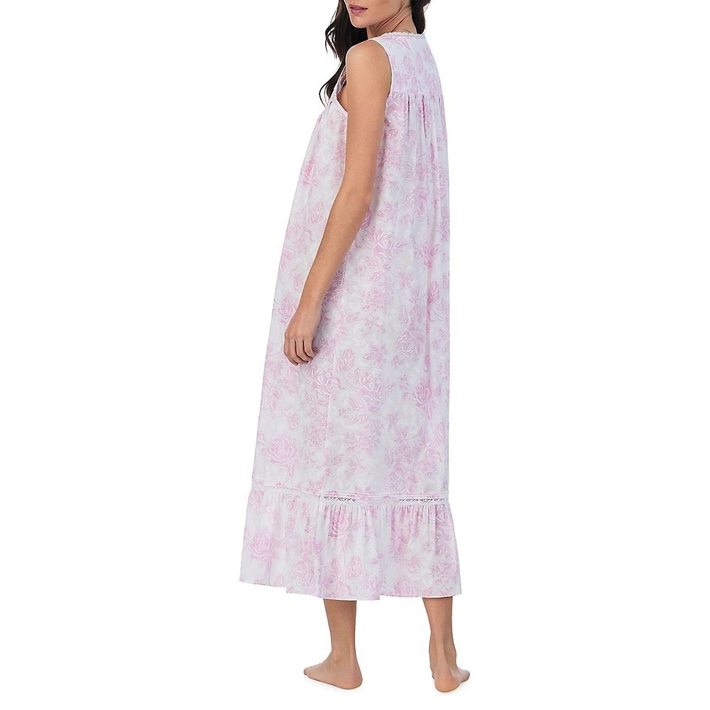Rose-Print Sleeveless Midi Nightgown