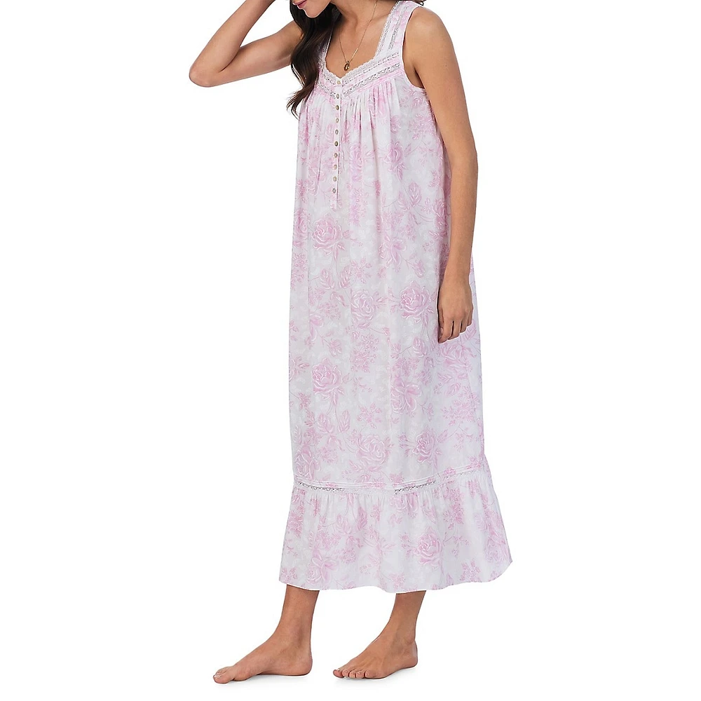 Rose-Print Sleeveless Midi Nightgown