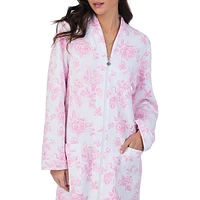 Rose-Print Diamond-Quilted Zip-Front Robe