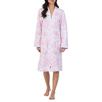Rose-Print Diamond-Quilted Zip-Front Robe