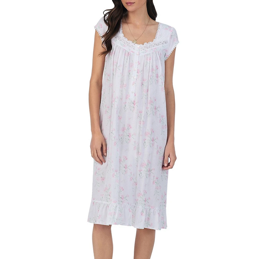 Cap-Sleeve Carnation-Print Jersey Waltz Nightgown