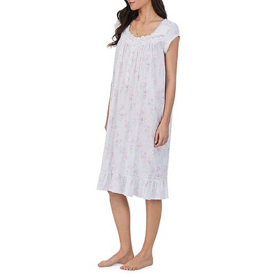 Cap-Sleeve Carnation-Print Jersey Waltz Nightgown