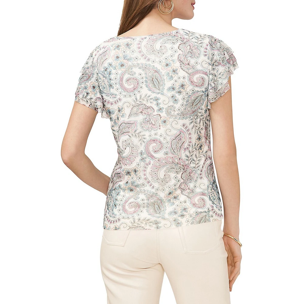 Paisley-Floral Ruffle-Sleeve Top