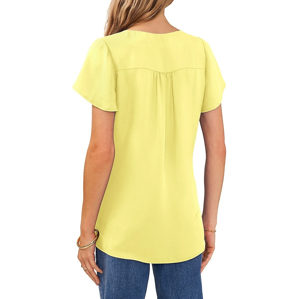 V-Neck Flutter-Sleeve Crossover-Hem Blouse