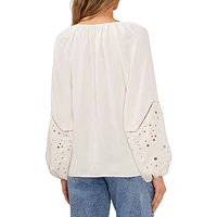 Embroidered Raglan-Sleeve Splitneck Blouse