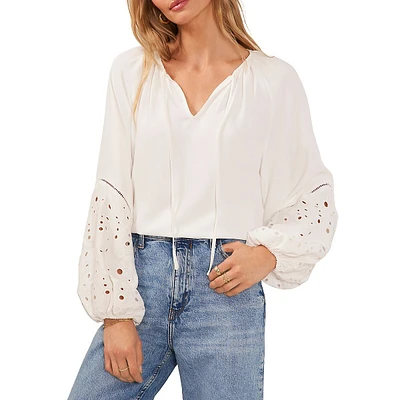 Embroidered Raglan-Sleeve Splitneck Blouse