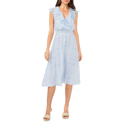 Ruffled V-Neck Smocked-Waist Midi Dress