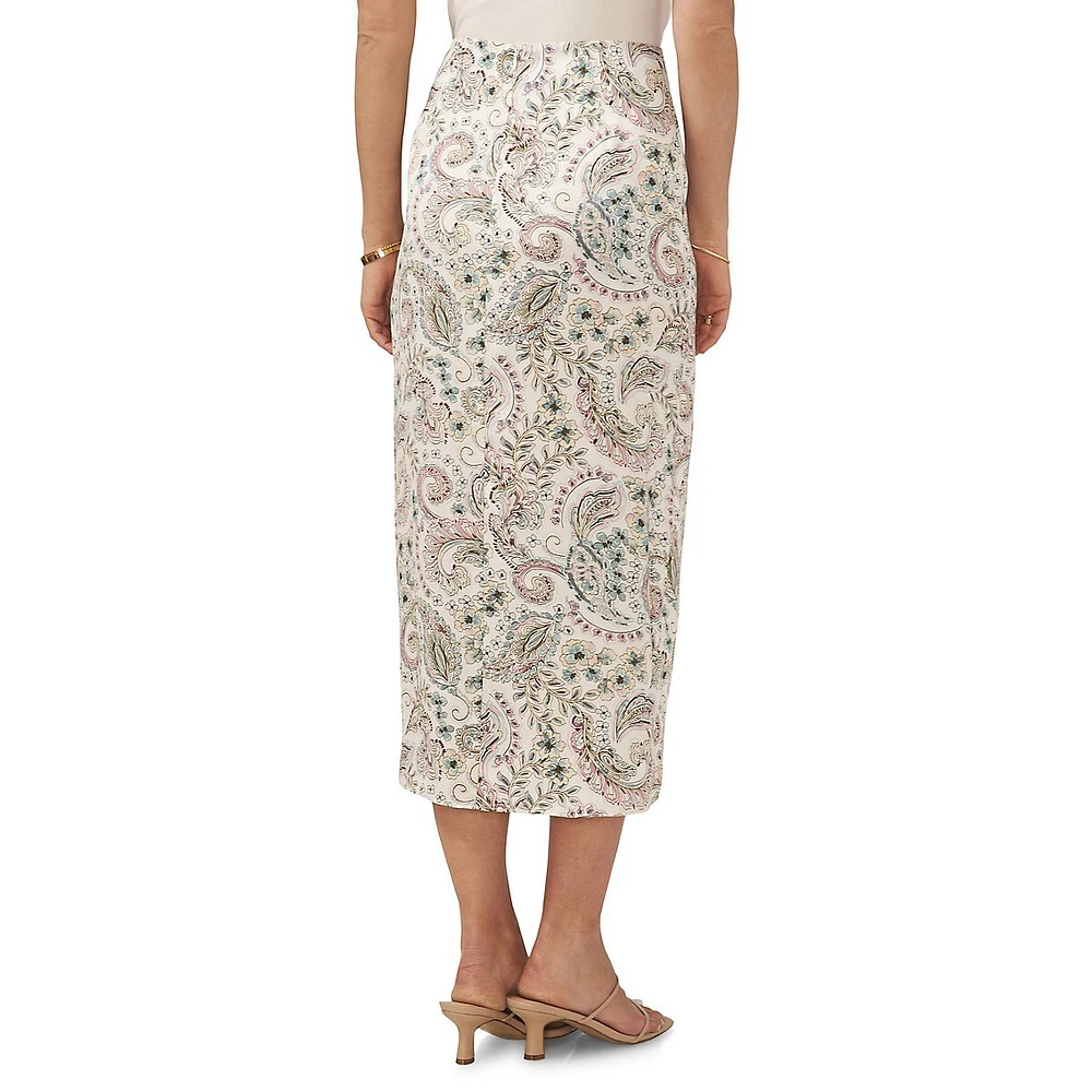 Paisley-Floral Faux Wrap Midi Skirt