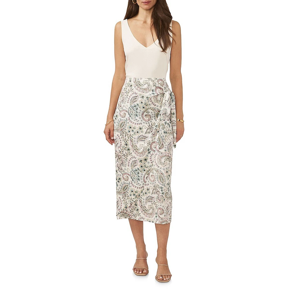 Paisley-Floral Faux Wrap Midi Skirt