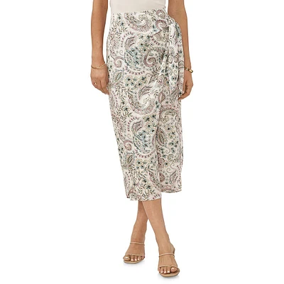 Paisley-Floral Faux Wrap Midi Skirt