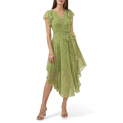 V-Neck Flutter-Sleeve Buttoned Maxi Dress