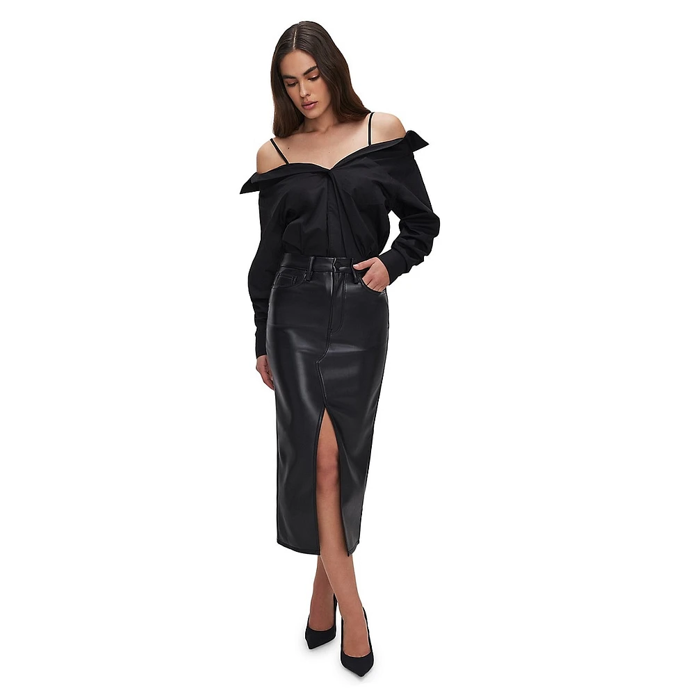 Faux Leather Slit-Front Midi Skirt