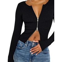 Two-Way Zip Stretch-Rib Sweater