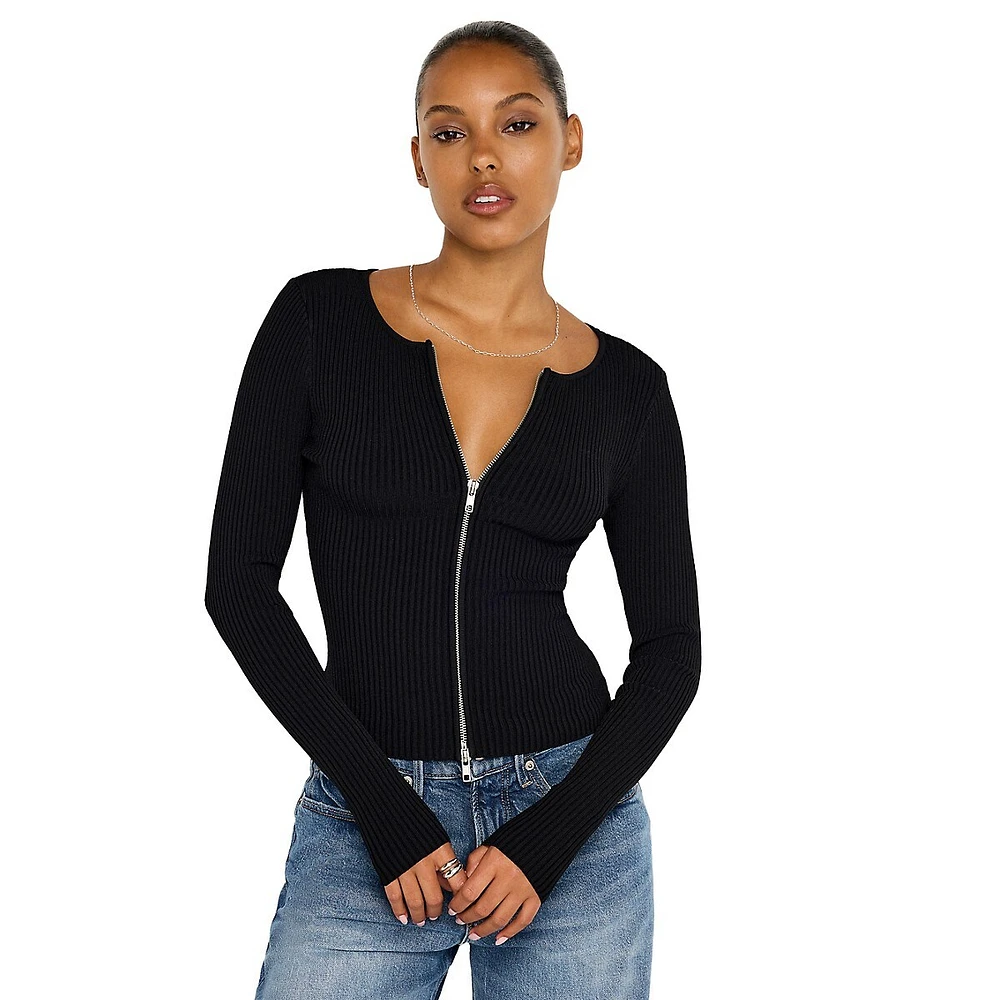 Two-Way Zip Stretch-Rib Sweater