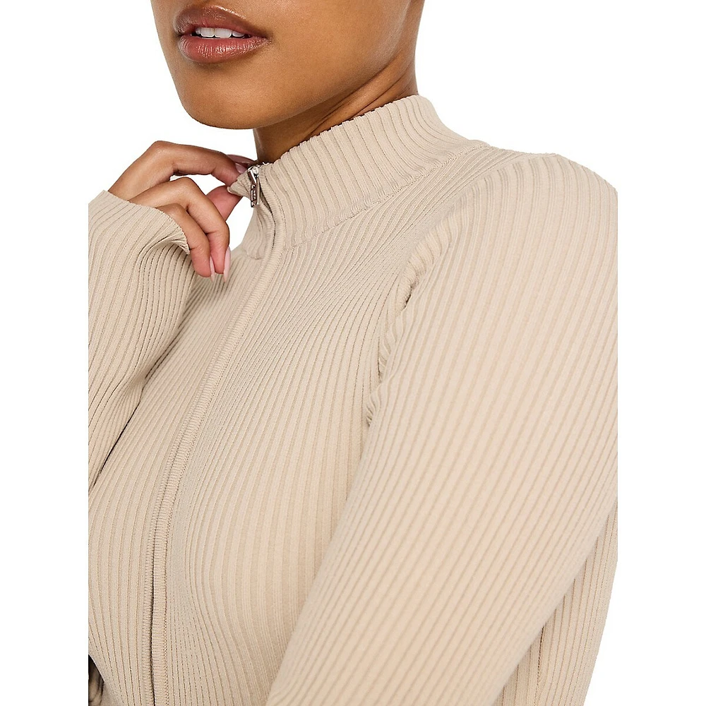 Half-Zip Stretch-Rib Bodysuit