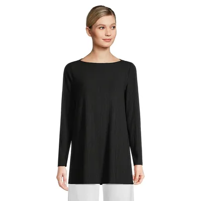 Long-Sleeve Boatneck Textured Tunic Top