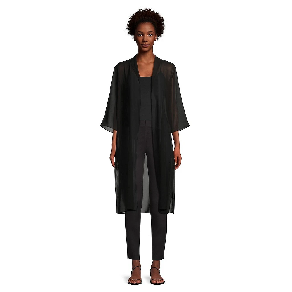 Sheer Silk Open-Front Longline Jacket