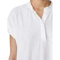 Cap-Sleeve Banded-Collar Henley Top