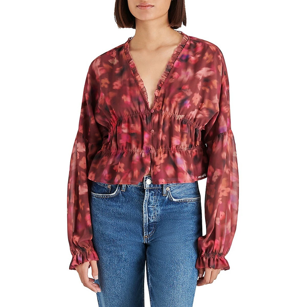 GIRLS RED FLORAL CHIFFON SHIRT