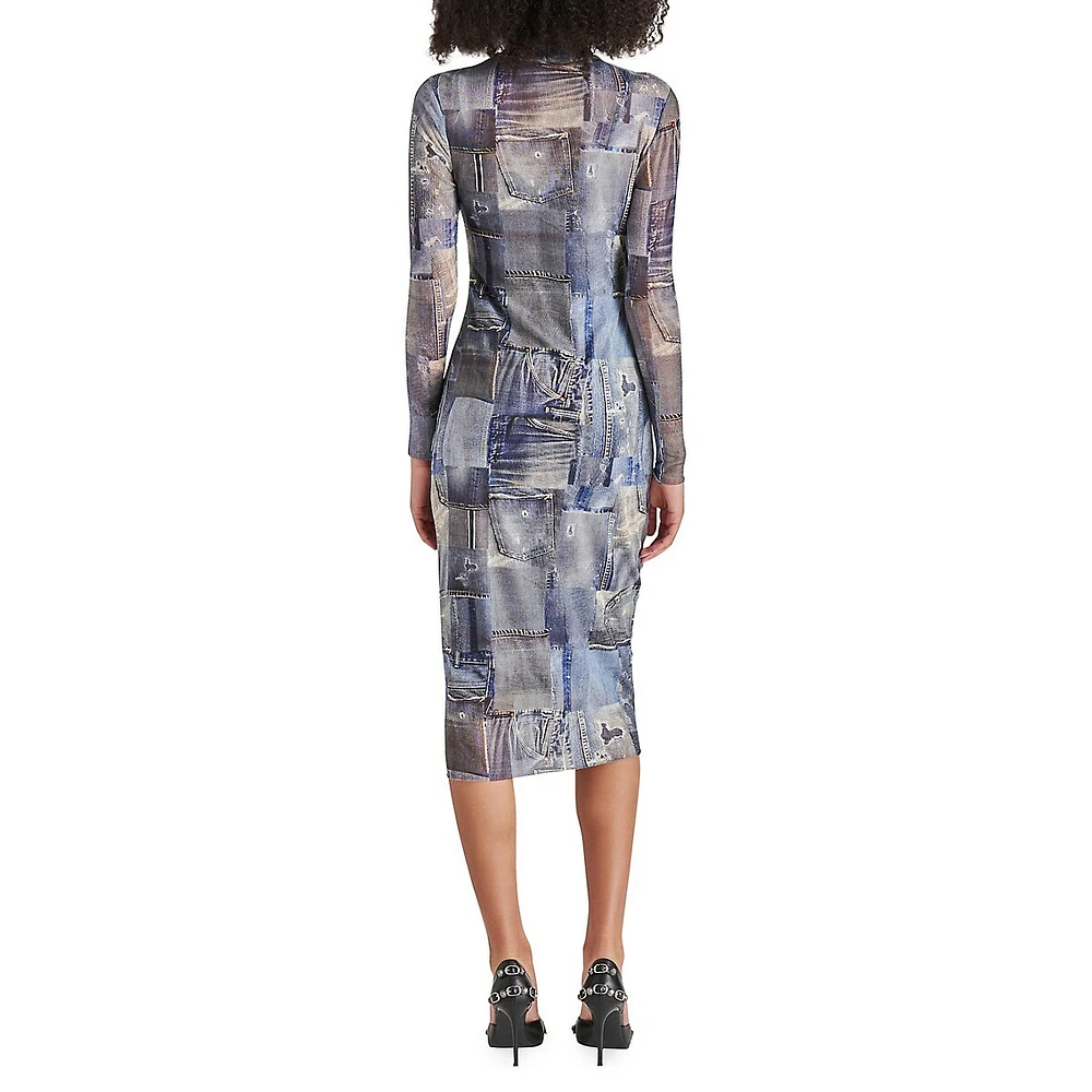 Vivienne Denim-Printed Mesh Midi Bodycon Dress