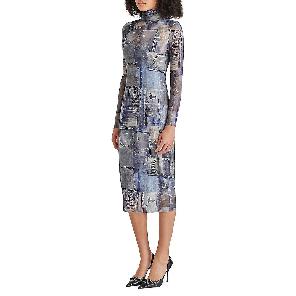 Vivienne Denim-Printed Mesh Midi Bodycon Dress