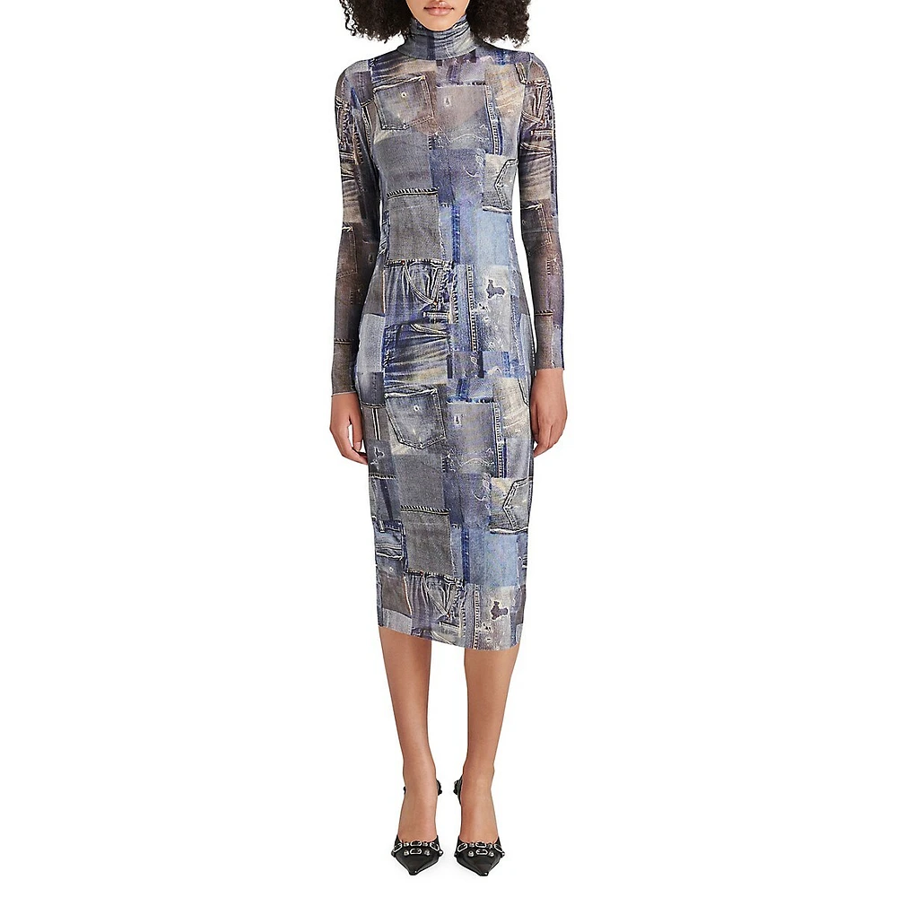 Vivienne Denim-Printed Mesh Midi Bodycon Dress