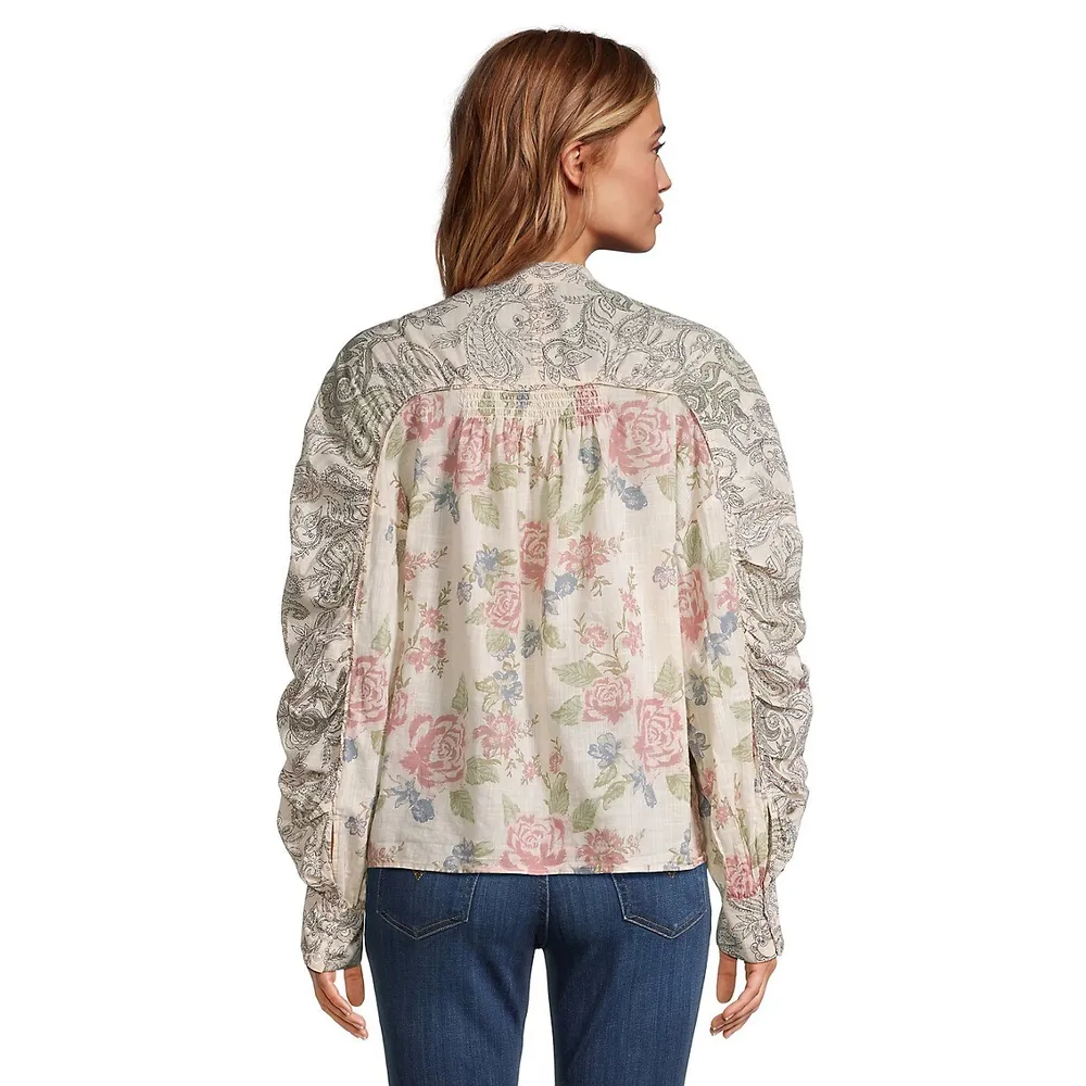 Maraya Ruched-Sleeve Floral Blouse