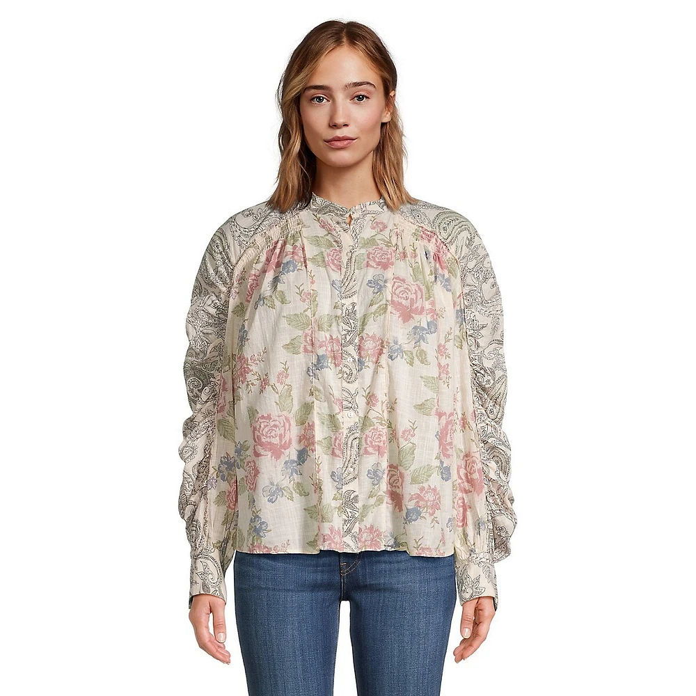 Maraya Ruched-Sleeve Floral Blouse