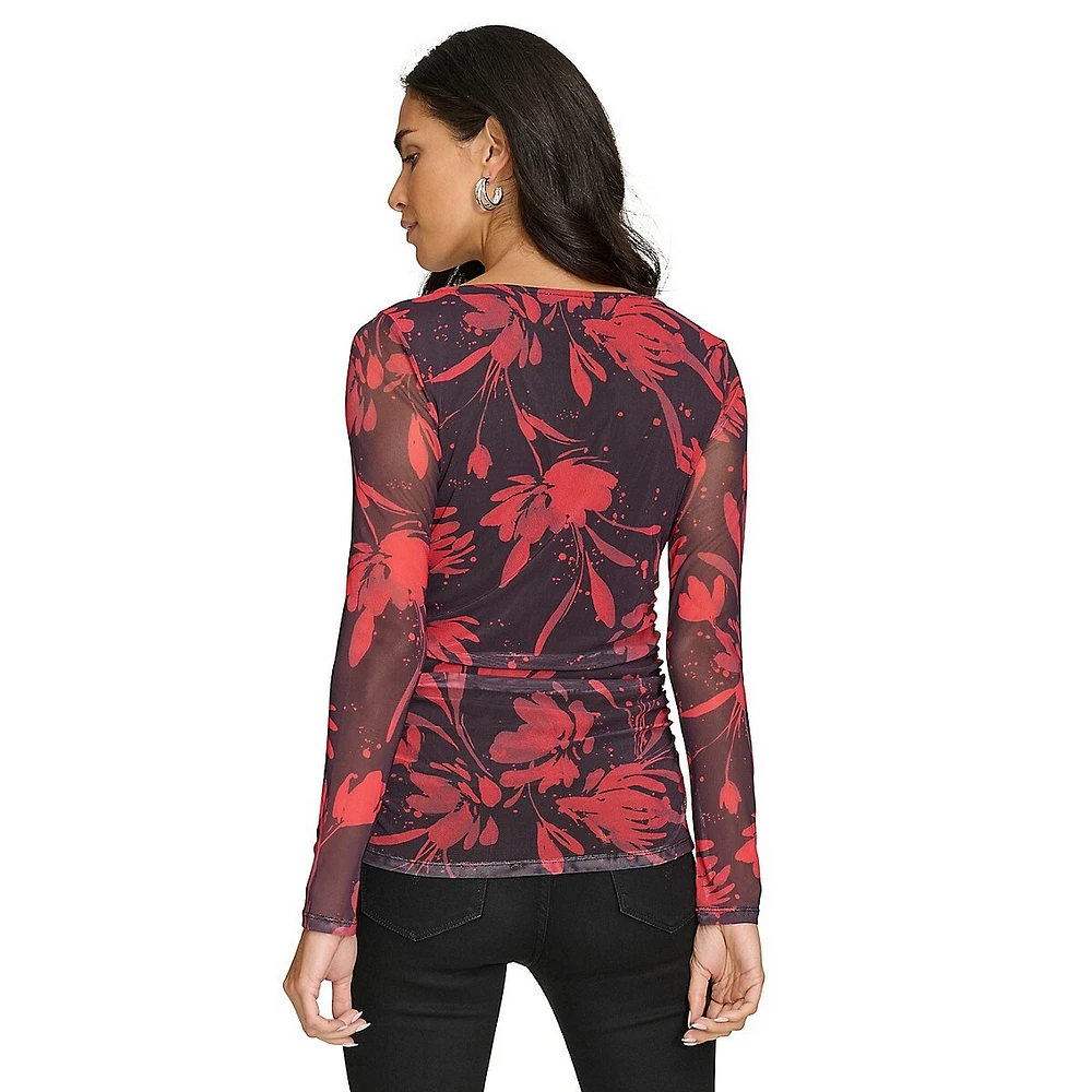 Printed Side-Ruched Stretch Top