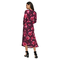 Printed Ruched Long-Sleeve Midi Dress