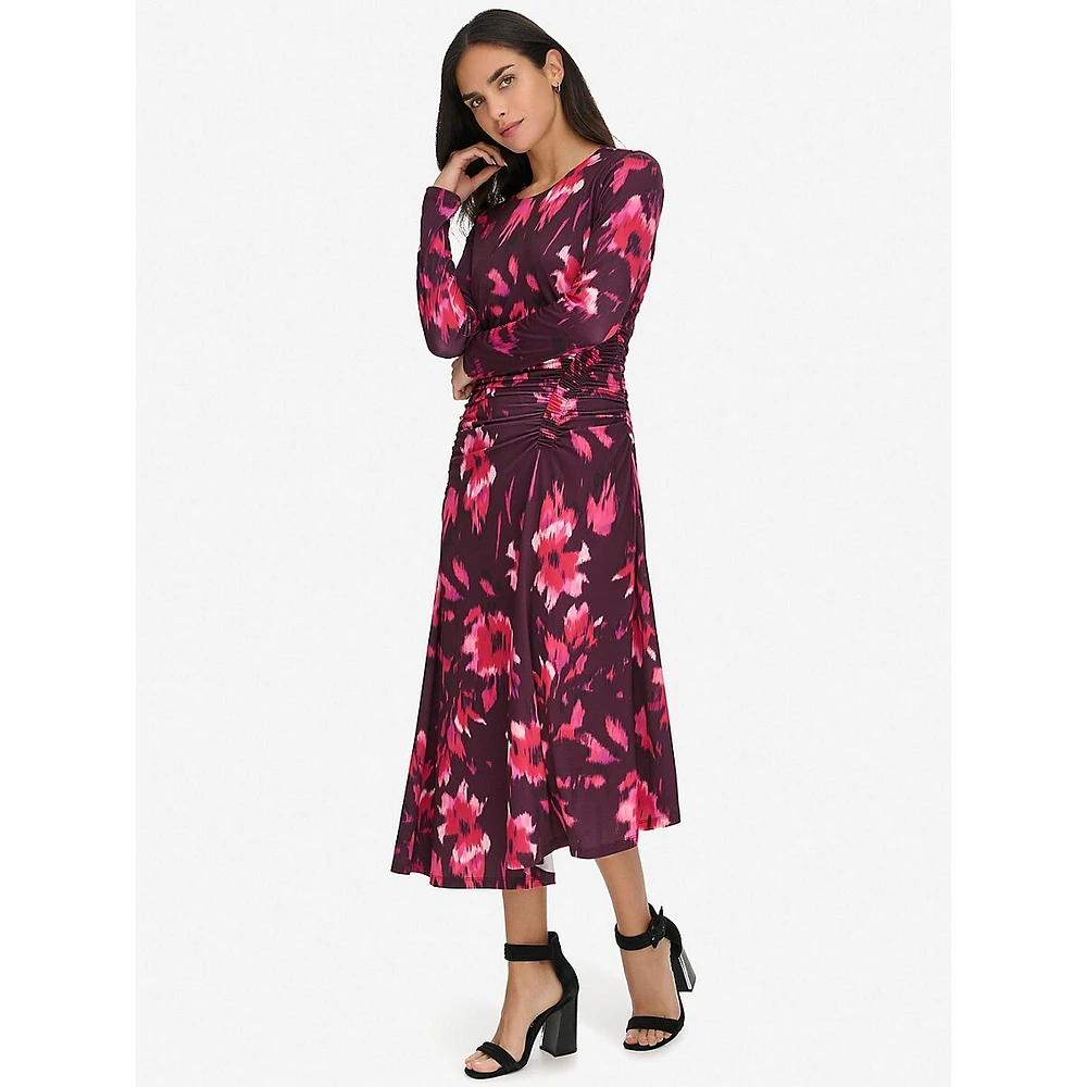 Printed Ruched Long-Sleeve Midi Dress