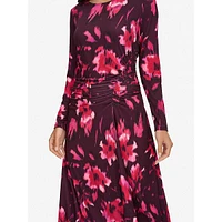 Printed Ruched Long-Sleeve Midi Dress