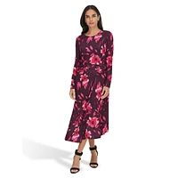 Printed Ruched Long-Sleeve Midi Dress