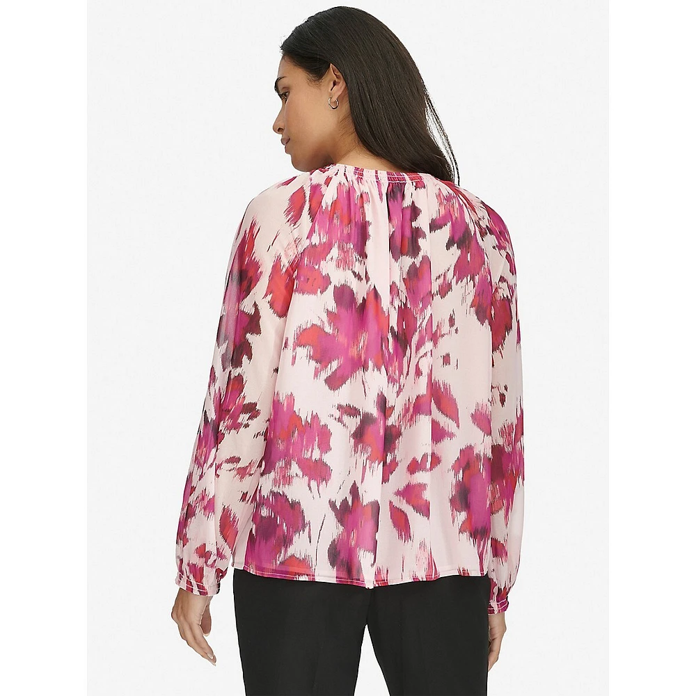 Printed Shirred-Neckline Keyhole Blouse