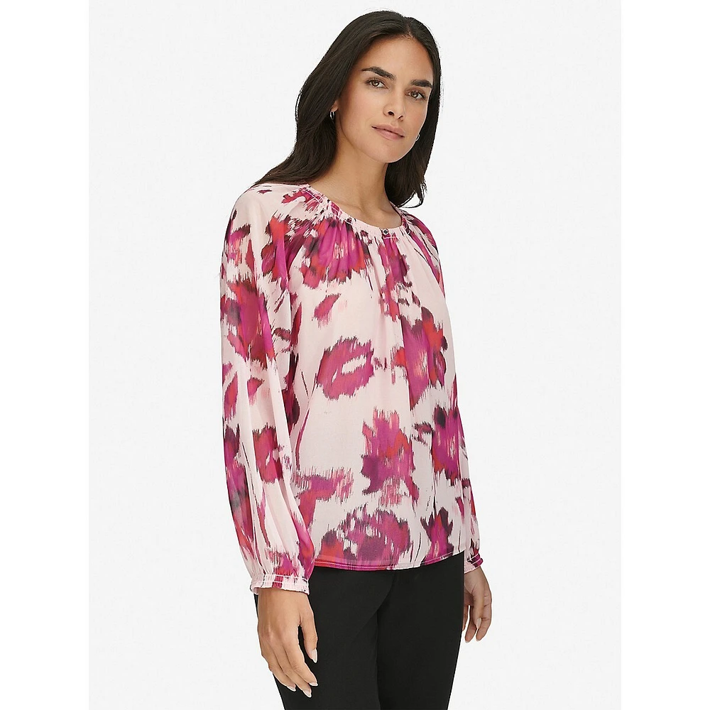 Printed Shirred-Neckline Keyhole Blouse