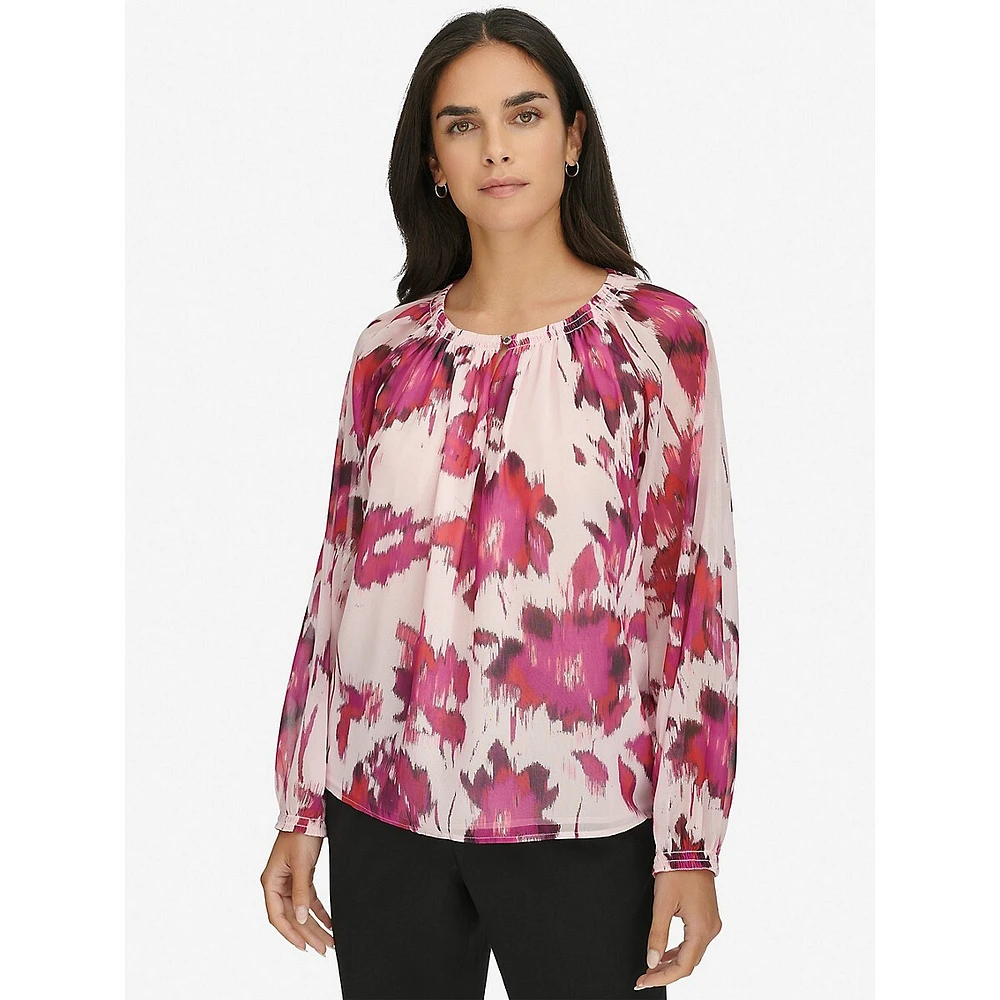 Printed Shirred-Neckline Keyhole Blouse