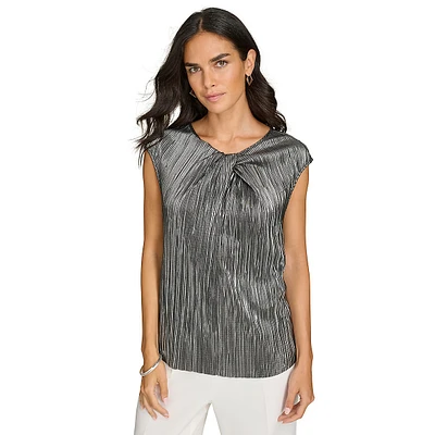 Metallic Twist-Neck Sleeveless Blouse