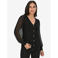 V-Neck Mesh-Sleeve Cardigan