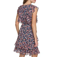 Ruffled Floral Crinkle Chiffon Dress