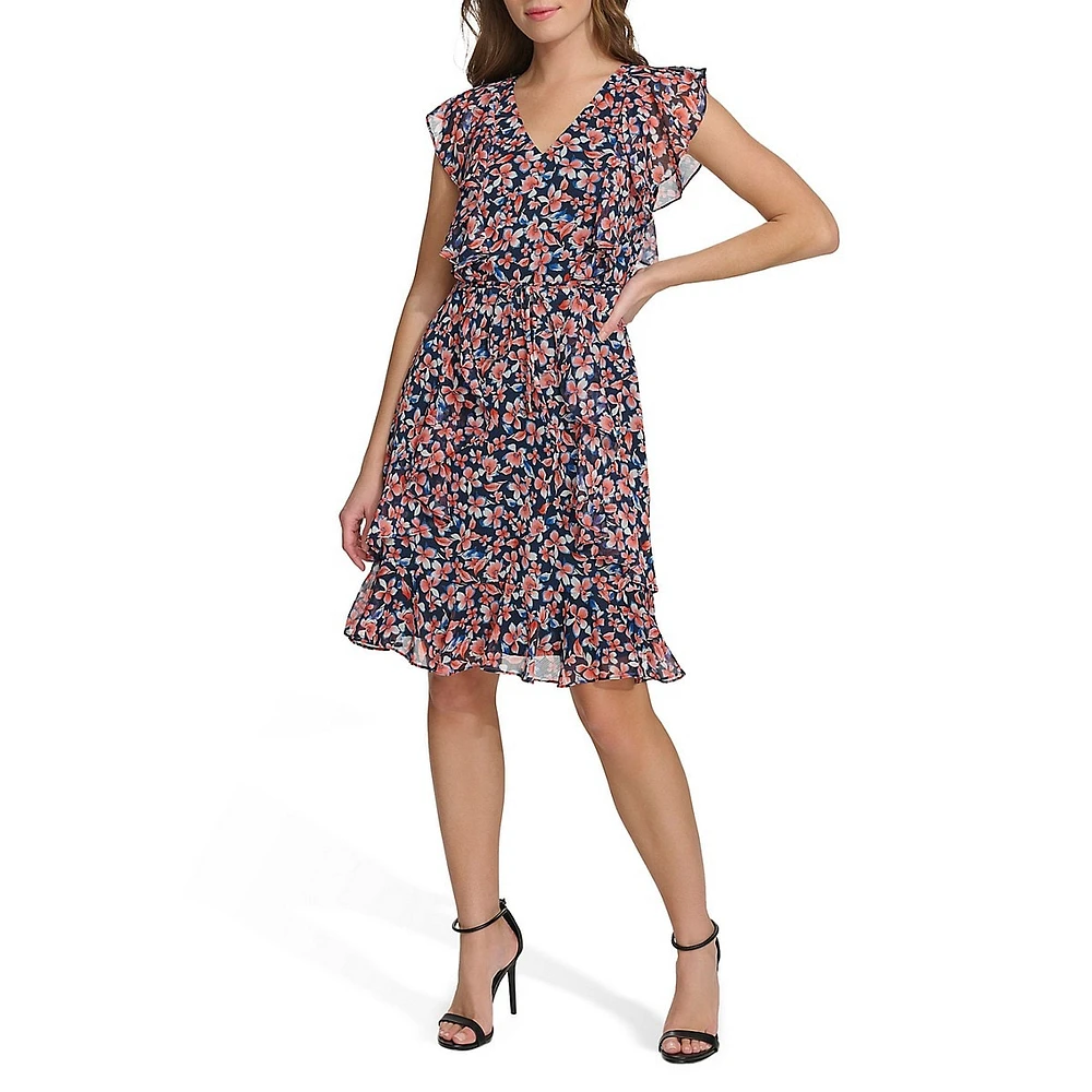 Ruffled Floral Crinkle Chiffon Dress