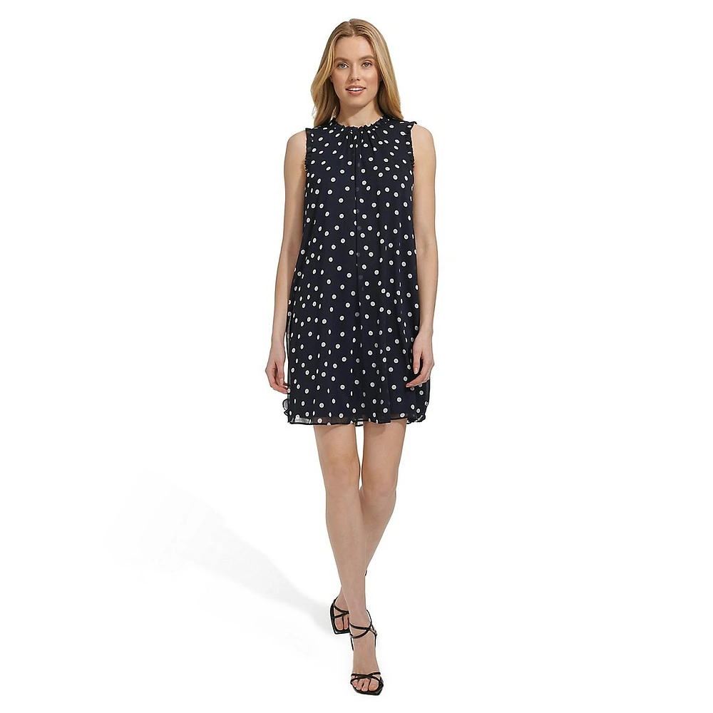 Dot-Print Crinkle Chiffon Shift Dress