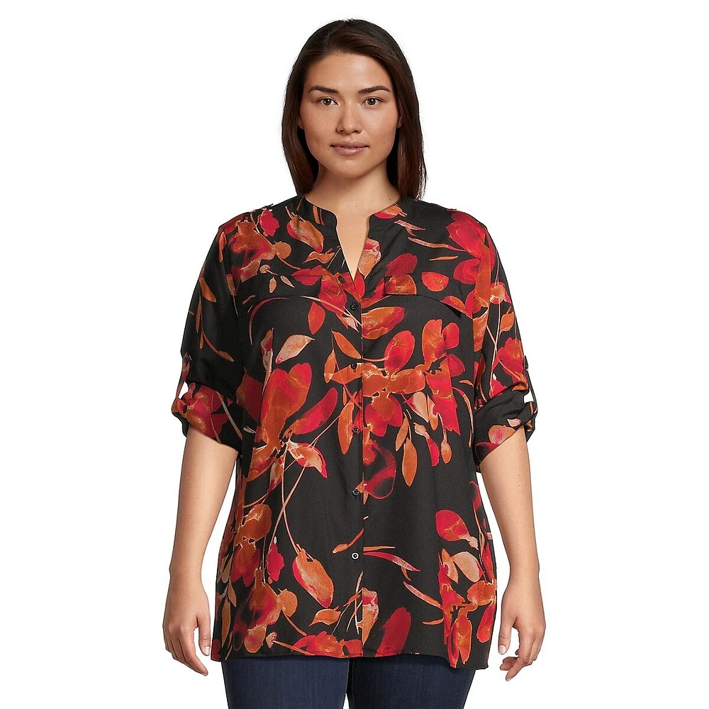 Plus Roll-Sleeve Floral Top