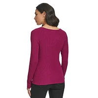 Twist-Front Keyhole Long-Sleeve Ribbed Top