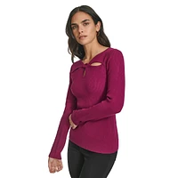 Twist-Front Keyhole Long-Sleeve Ribbed Top