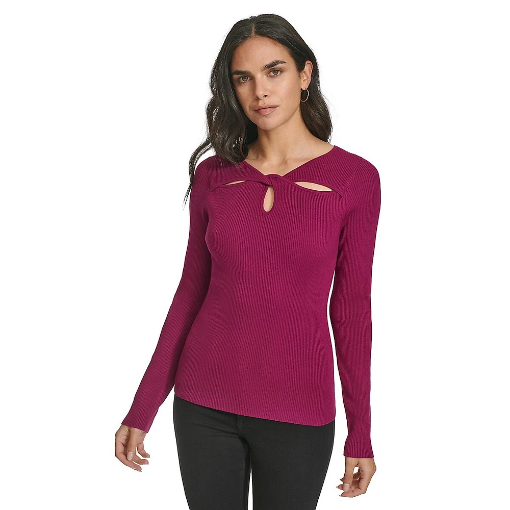 Twist-Front Keyhole Long-Sleeve Ribbed Top