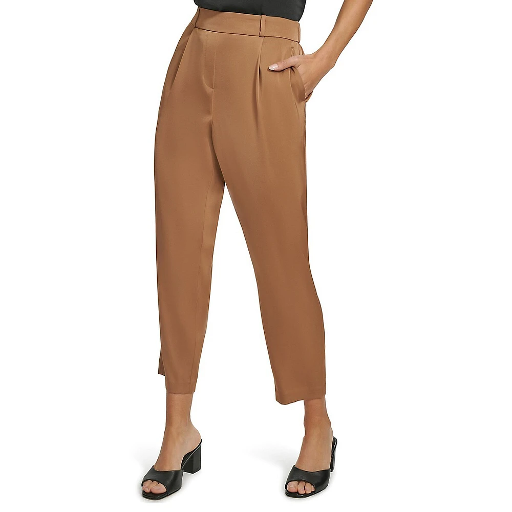 Pleated Pull-On Cropped Dress Pants