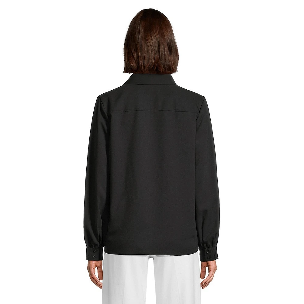 Johnny-Collar Long-Sleeve Popover Blouse